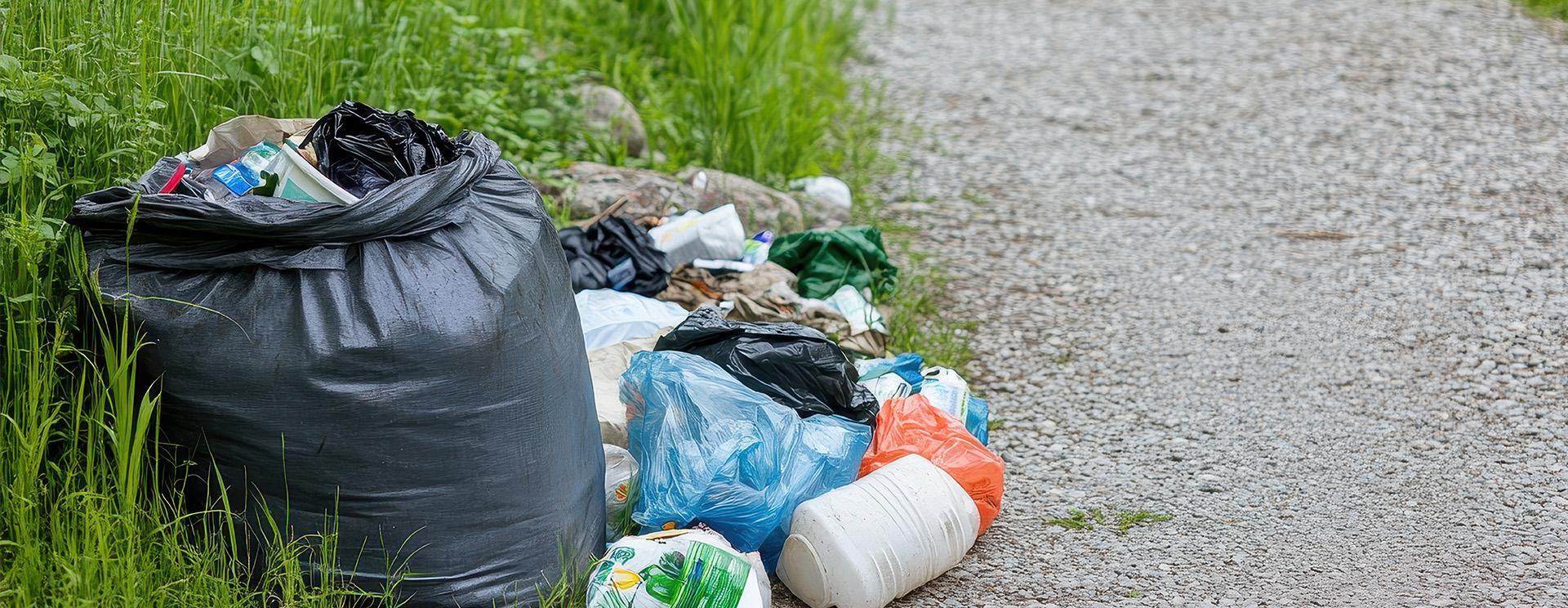 sac poubelle et déchets au bord d'une route