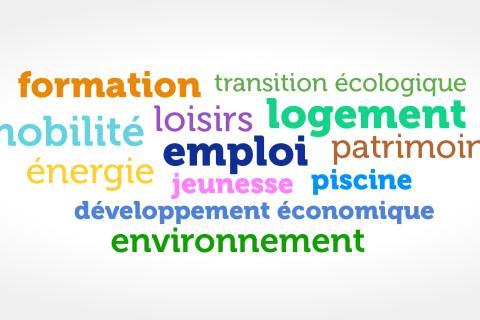 nuage de mots sur les compétences: emploi, logement, mobilité, jeunesse, environnement, piscines, patrimoine, développement économique, formation, transition écologique, loisirs, énergie 