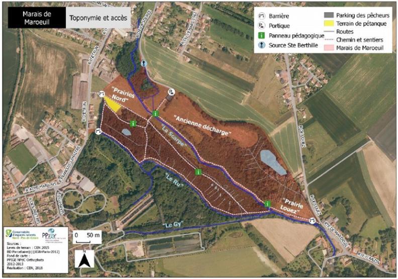 Carte du marais de Maroeuil. Le marais est maillé par des aménagements de son espace (routes, sentiers de randonnées, parkings de pêcheurs, un terrain de pétanque…). Le marais est traversé en long par la scarpe et est décomposé en trois zones : Les prairies Nord à l’ouest, l’ancienne décharge au nord et la prairie Louez au sud-est. - Agrandir l'image, fenêtre modale